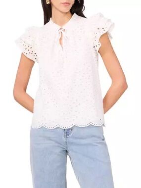 White Eyelet Tie-Front Peasant Blouse - Women's